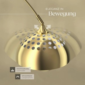 Goldene Tectake Bogenleuchte Arcus im 70er-Jahre-Retro-Stil mit schwenkbarem Lampenschirm.