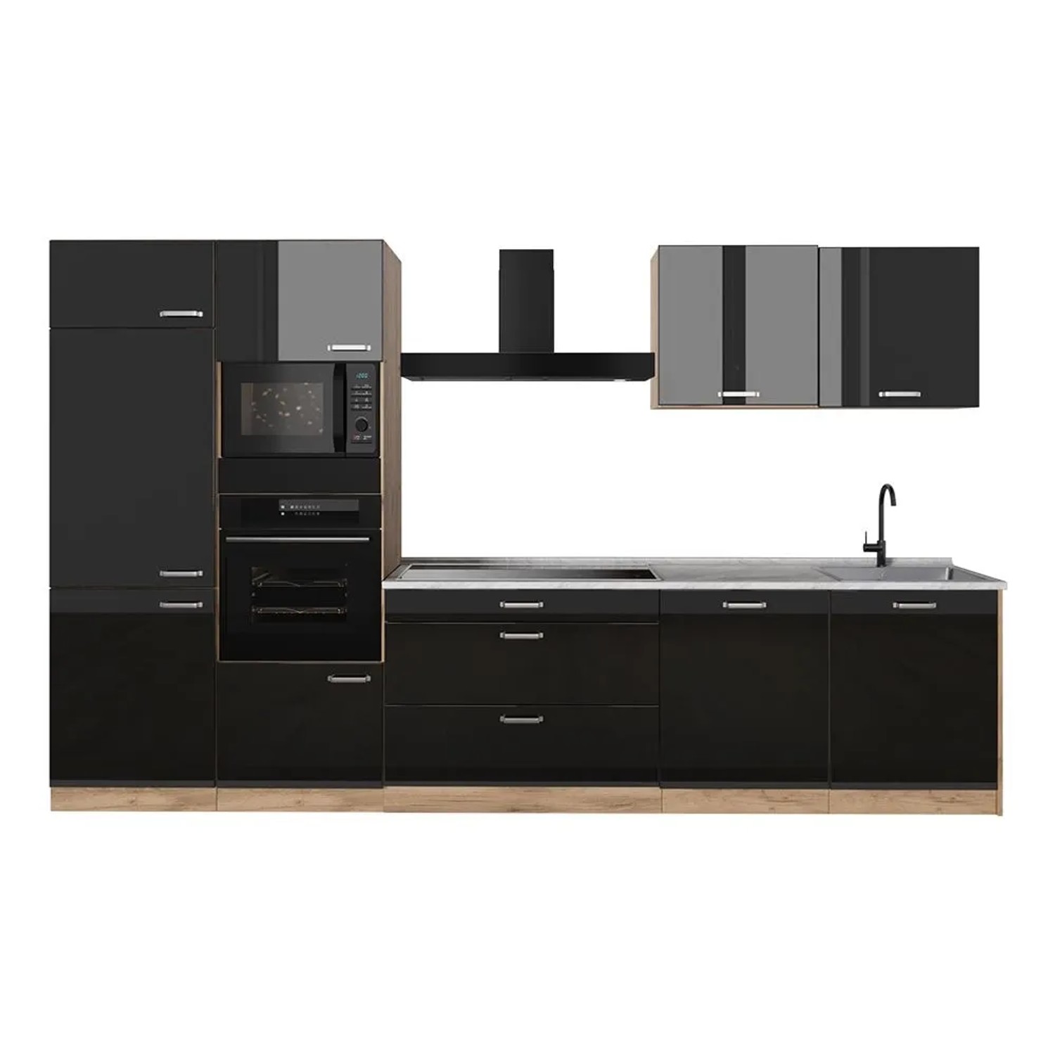 Vicco Küchenzeile R-Line Schwarz Hochglanz/Goldkraft Eiche 340 x 207 Arbeitsplatte Marmor Art Nr 66579