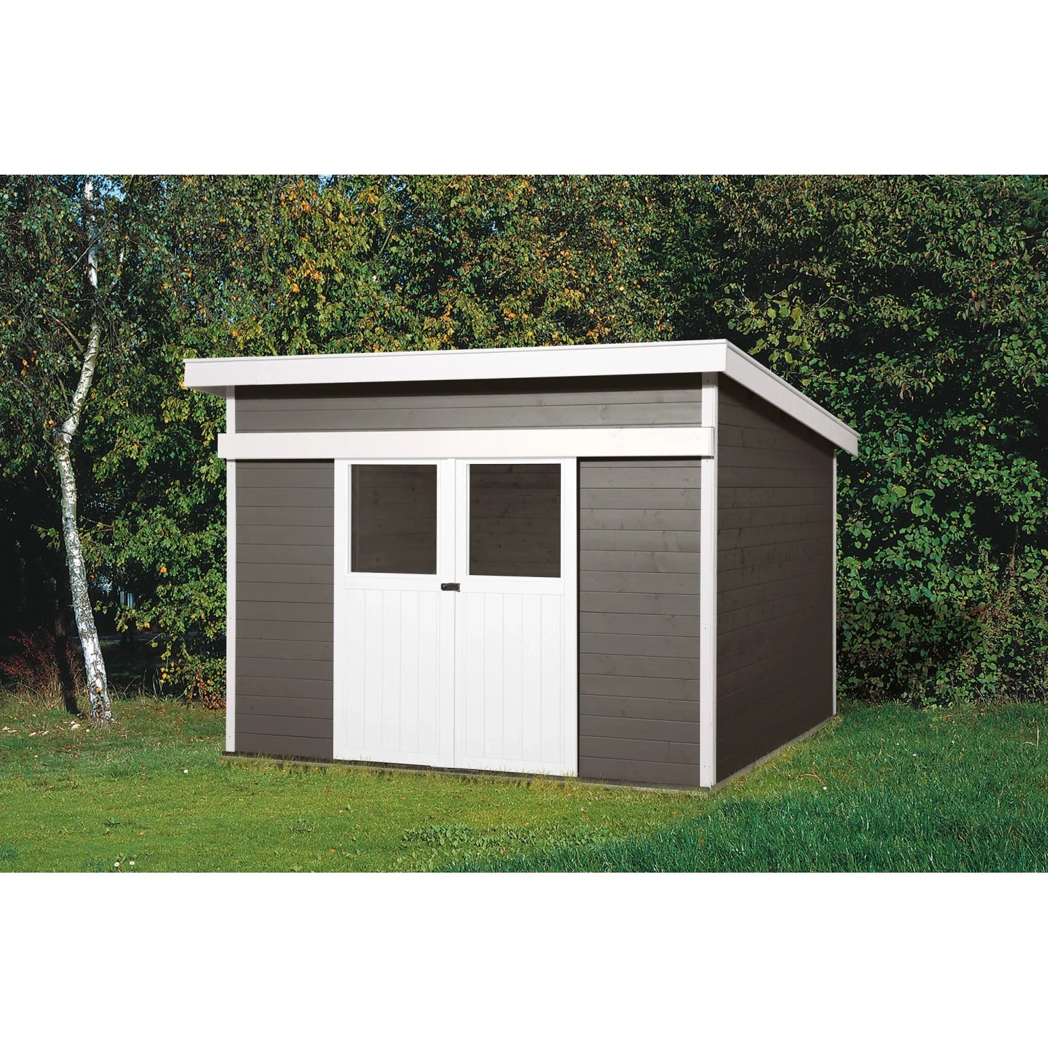 Weka Gartenhaus Turin mit Pultdach, lasiert, 295x249 cm. Holzhaus mit Doppeltür in Anthrazit und Weiß.