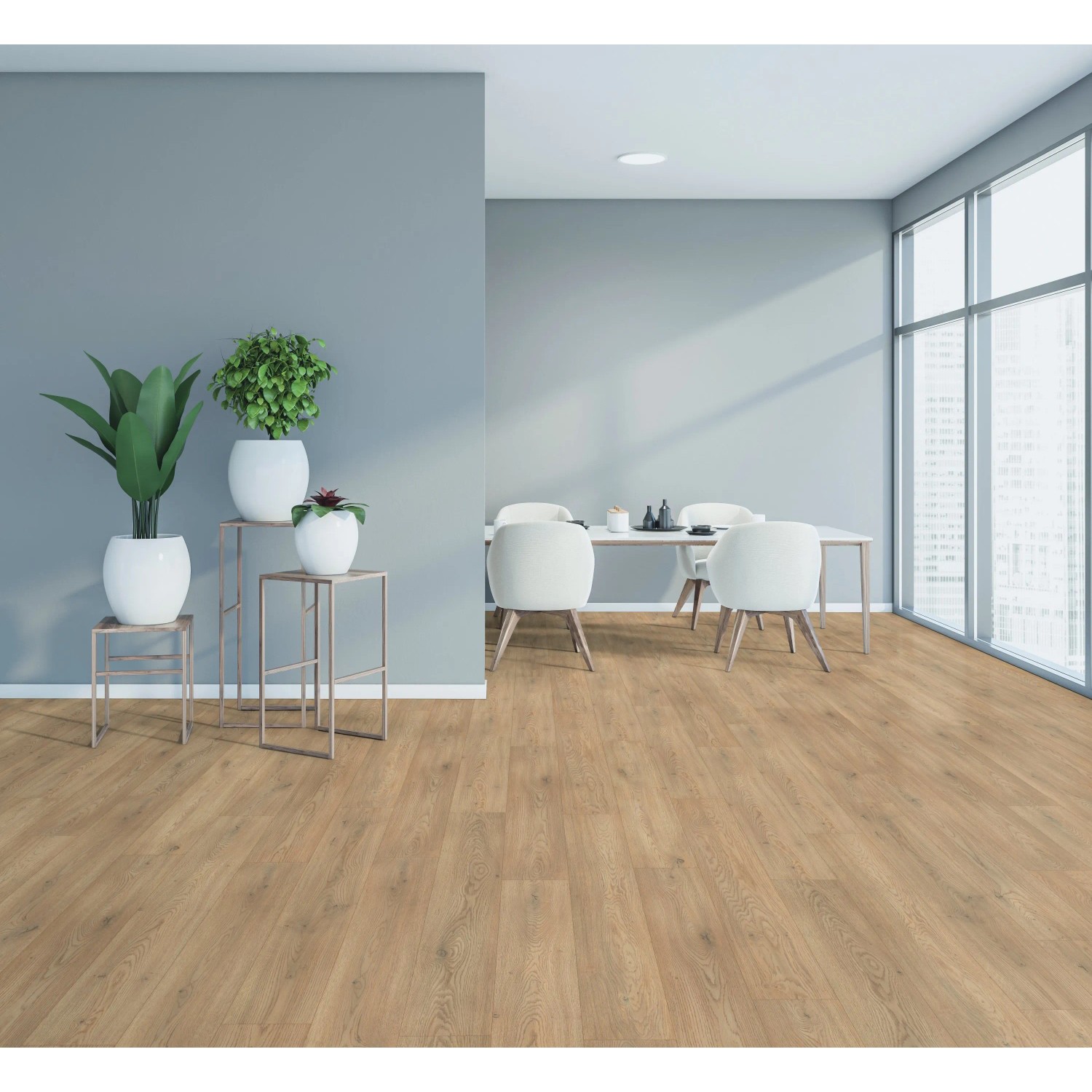 Verlegter Laminatboden Mount Vinson Oak Breitdiele Eiche im modernen Esszimmer.
