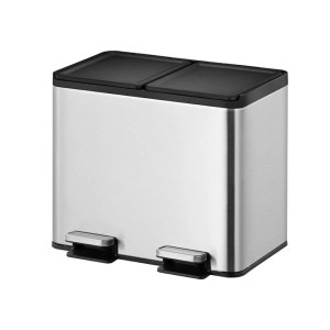 Rechteckiger PROREGAL Treteimer aus Edelstahl, 30 Liter, mit zwei Fächern und Soft-Close Deckel.