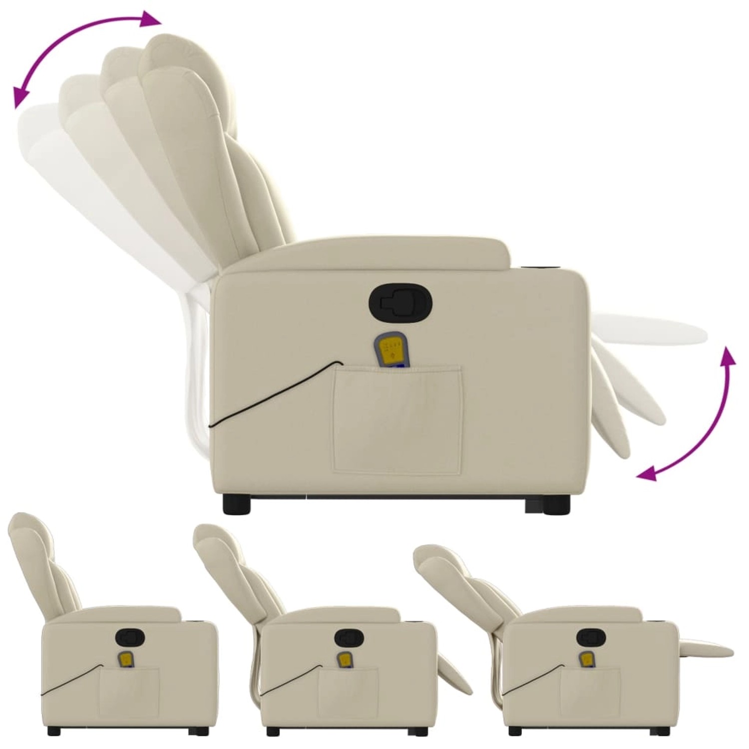 Cremefarbener Massagesessel mit Aufstehhilfe aus Kunstleder, verstellbare Rückenlehne und Fußstütze.