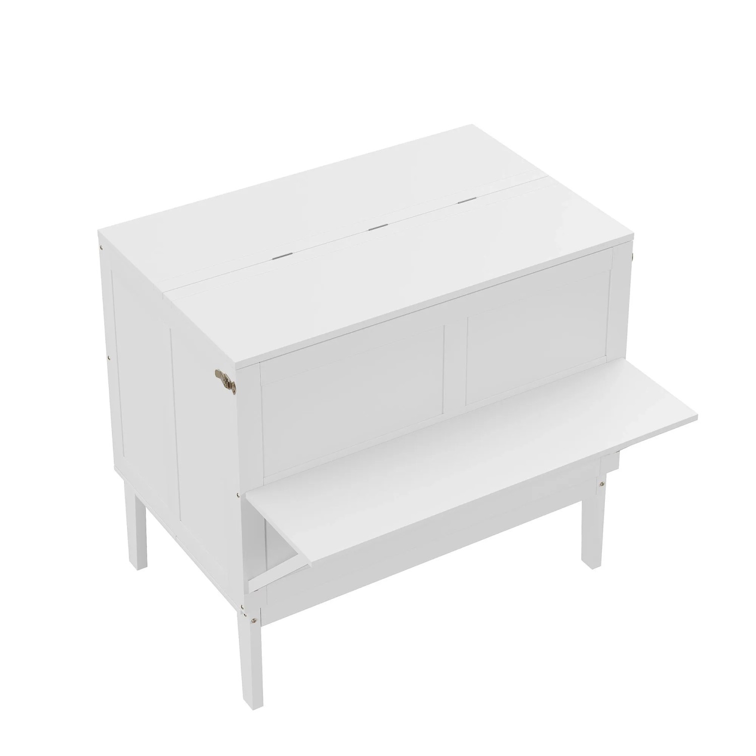 Weißes KOMHTOM Schrankbett 90x200 cm, vertikal geklappt als kompakter Schrank oder Theke. Platzsparendes Jugendbett aus Holz/MDF.