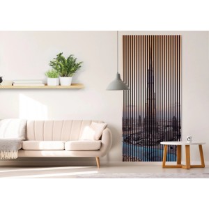 FN Acustico Akustikpaneel Dubai mit Skyline-Motiv für Wandgestaltung und Schallabsorption.