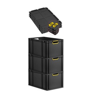 PROREGAL SuperSparSet: 3 schwarze Euroboxen mit gelben Griffen und Auflagedeckel, stapelbare Transportboxen.