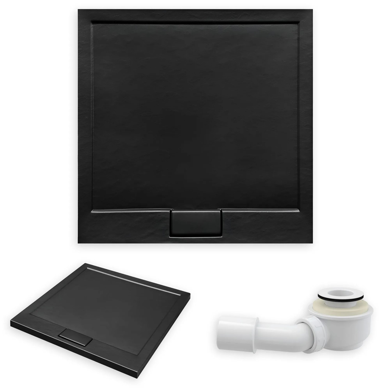 KOLMAN DUSCHWANNE Quadratisch Schwarz Steinoptik 80x80 cm Set mit Ablaufgarnitur