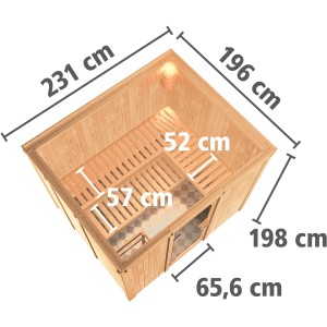 Karibu Sauna Gunda mit Ofen, naturbelassene Holzsauna mit Liegen und Maßen.