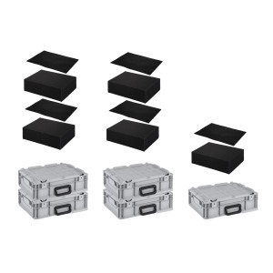 SparSet: 5 graue Euroboxen mit Rasterschaumstoff und Schaumstoffeinlage. Transportboxen, 11 Liter.