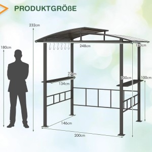 Abbildung des Costway Grillpavillons mit Maßen, ideal als Grillüberdachung mit Seitenregalen in Schwarz.