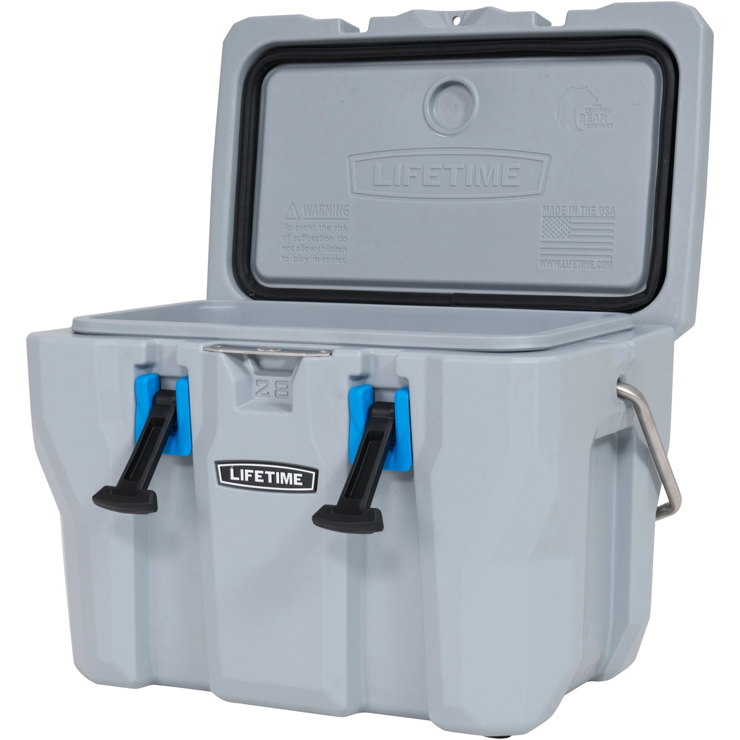 Geöffnete graue Lifetime Kühlbox Campingbox mit 26,5 Liter Volumen.