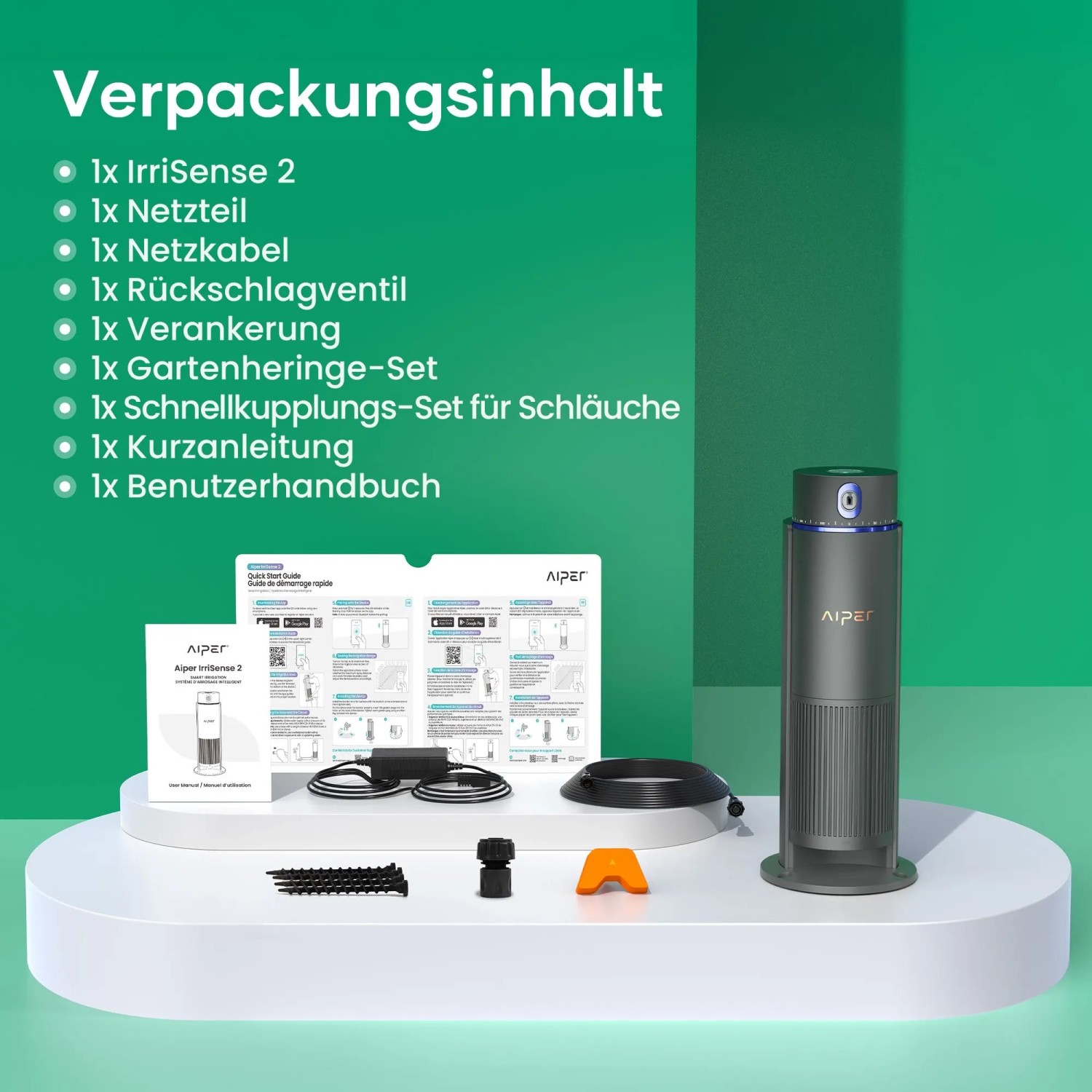 Aiper Irrisense 2 Bewässerungssystem: Komplettset mit Regner, Zubehör und Anleitungen für die Gartenbewässerung.