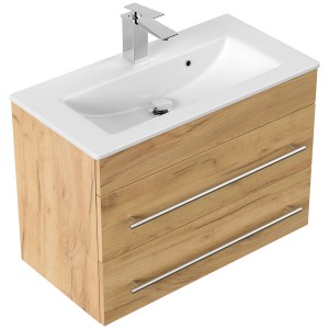 Posseik Badmöbel-Set Portus 700 SlimLine, Eiche Gold, mit Waschbecken und zwei Schubladen.