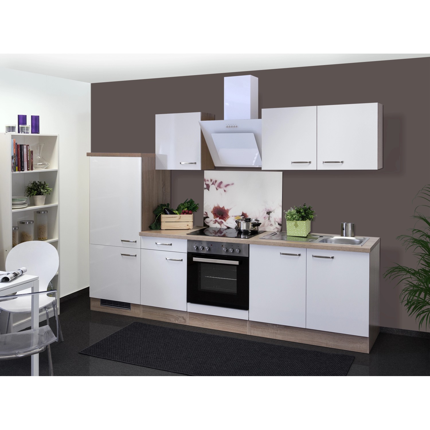 Flex-Well Exclusiv Küchenzeile/Küchenblock Valero 270 cm Hochglanz Weiß-Sonoma Eiche