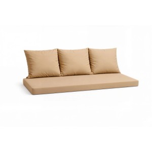 Beiges Gartenkissen-Set für 3-Sitzer Polyrattan-Gartensofa, bestehend aus Sitzkissen und drei Rückenkissen.