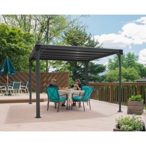 Canopia Gartenpavillon Milano 3.1 x 3.1 Anthrazit mit sitzenden Personen auf Terrasse.