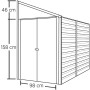 Skizze: Spacemaker Metall-Gerätehaus 4x10, graues Anlehn-Gerätehaus mit Maßen.