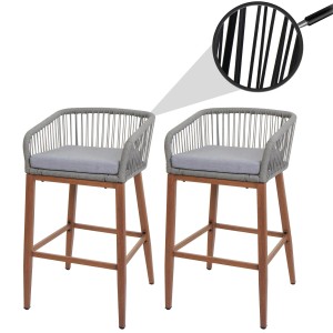Proregal 2er-Set Rope-Barhocker HxBxT 92x51x53 cm Sitzhöhe 76cm Hellgrau Kissen Hellgrau Outdoor Sitzpolster Seilgeflecht Metall Holz-Optik