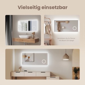 Emke LED Badspiegel 120x60cm mit 3-fach Vergrößerung und kaltweißem Licht in verschiedenen Nutzungsszenarien.