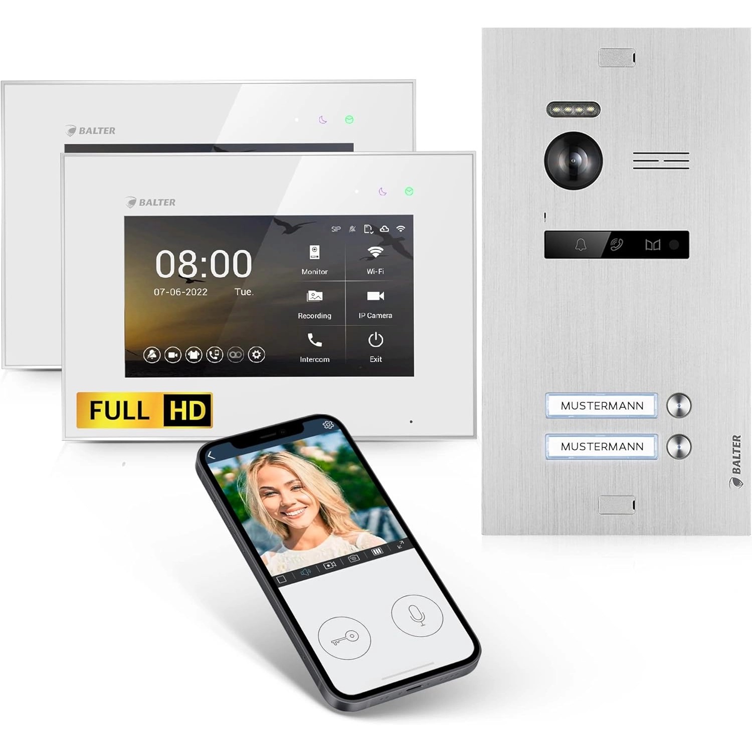 Balter EVO-HD Video-Türsprechanlage mit App für Zweifamilienhaus mit 2x 7 Zoll Monitor Silber-Weiß