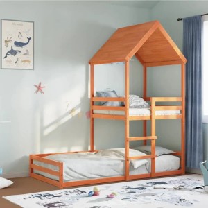 vidaXL Etagenbett mit Dach, wachsbraun, Kiefer Massivholz, 80x200 cm. Kinderbett im Haus-Design.