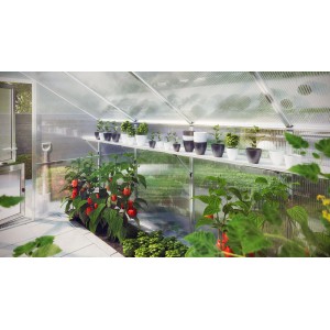 KGT Hängebord Novum III im Gewächshaus mit Pflanzen und Töpfen.