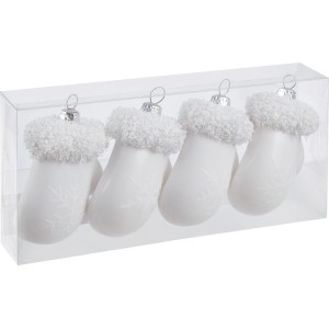 Baumschmuck-Set: 4 weiße Fäustlinge mit Plüschstulpe und Schneeflockenmuster im transparenten Kasten.