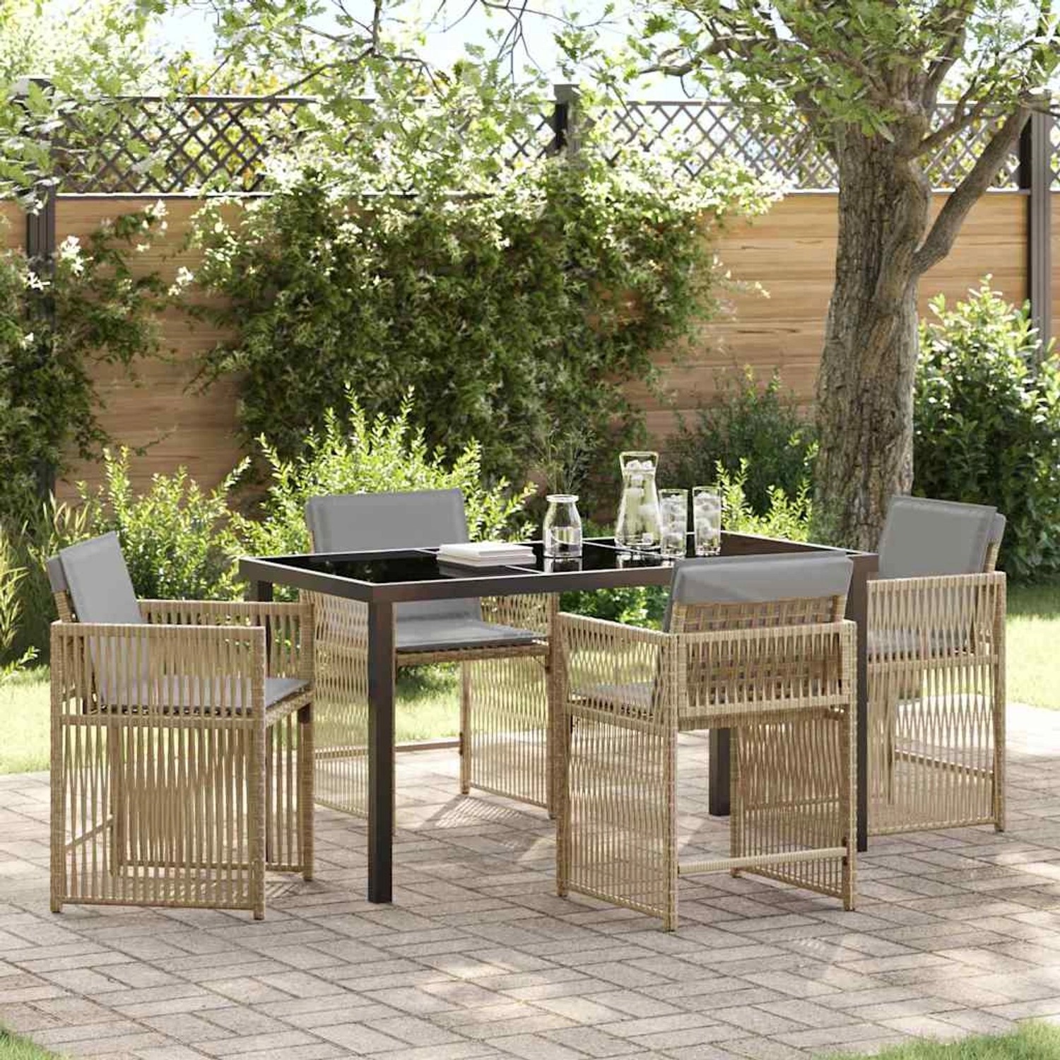 Beige 5-tlg. vidaXL Garten Essgruppe aus Poly Rattan mit Tisch und Stühlen für den Garten.