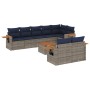 Graue 9-tlg. vidaXL Garten-Sofagarnitur aus Polyrattan mit marineblauen Kissen und Akazientisch.
