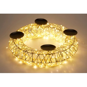 Goldener LED Adventskranz aus Eisen, 38 cm, mit 4 Kerzenhaltern und warmweißen Lichtern.