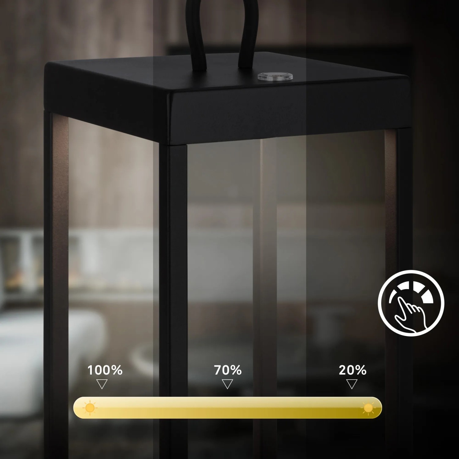 Brilo LED Laterne Luca, dimmbar, schwarz, mit Touch-Funktion und verschiedenen Helligkeitsstufen.