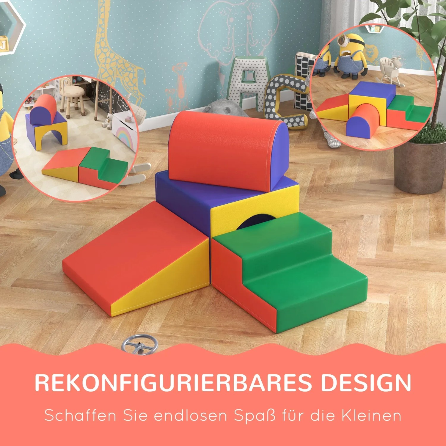 HOMCOM Bausteinset aus Kunstleder und Schaumstoff in Rot, bestehend aus Rampe, Treppe, Tunnel und Halbzylinder.