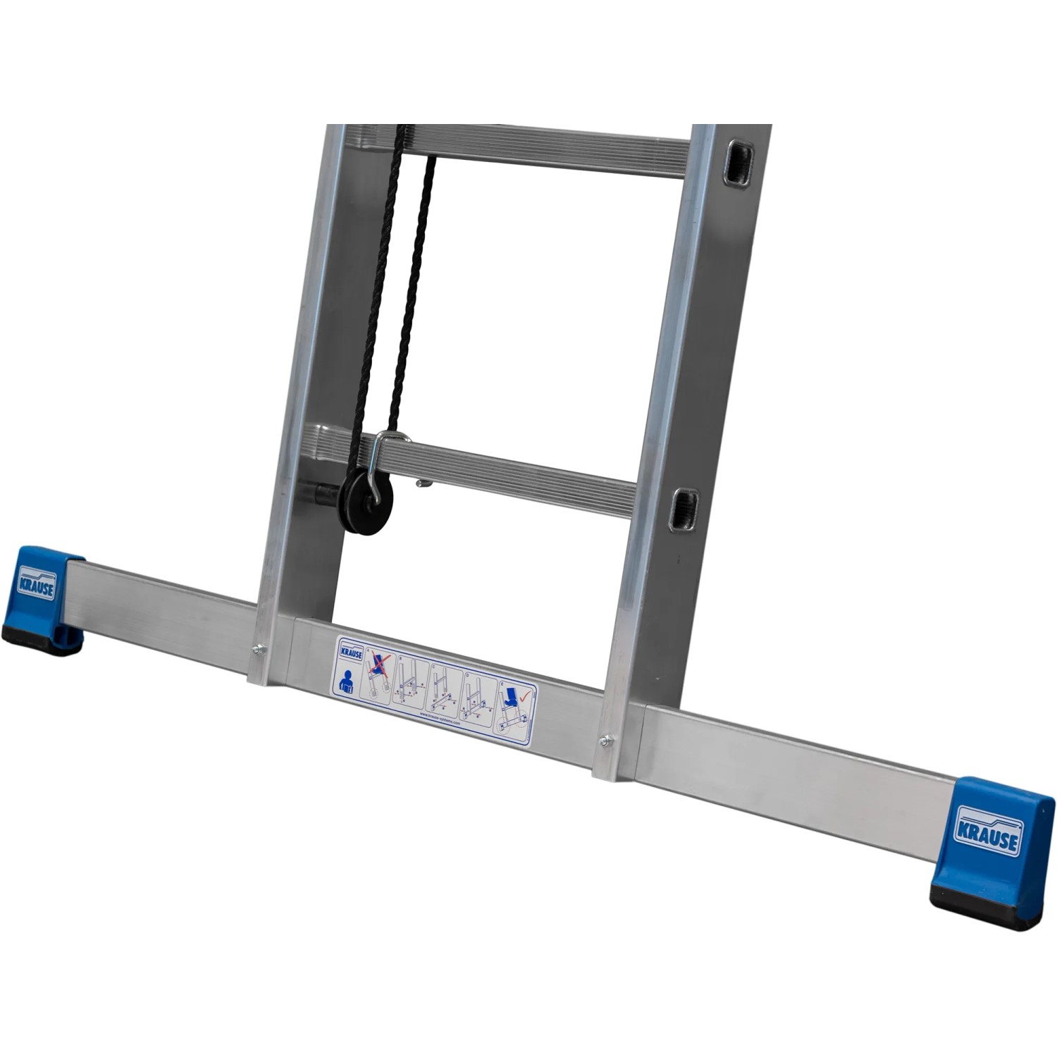 Detailansicht Krause Seilzugleiter Stabilo mit breiter Quertraverse und blauen Fußkappen.