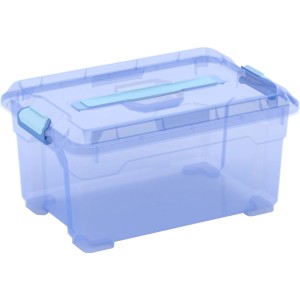 Blaue Clipbox Moover XS: Aufbewahrungsbox mit Deckel und Griff für Kleinteile.