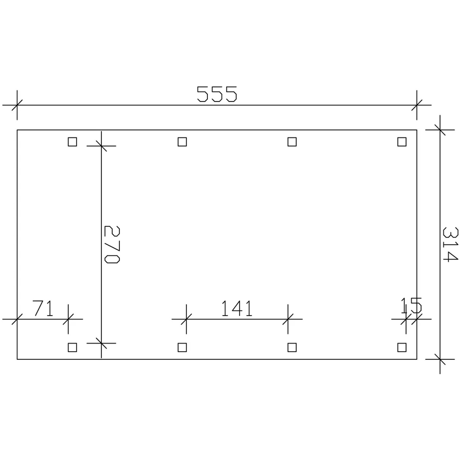 Skizze des Skan Holz Einzelcarports Nussbaum, Maße: 314 x 555 cm, Pfostenanordnung.