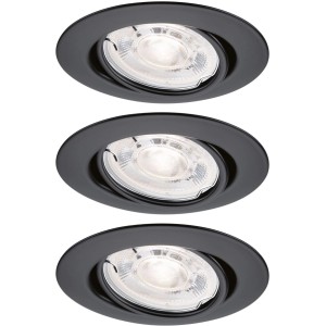Drei schwarze Paulmann LED Einbaustrahler Set, dimmbar, schwenkbar, warmweißes Licht für Decken.