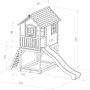 Technische Zeichnung: AXI Sarah Spielhaus mit Rutsche, Sandkasten, Leiter. Abmessungen sind eingezeichnet.