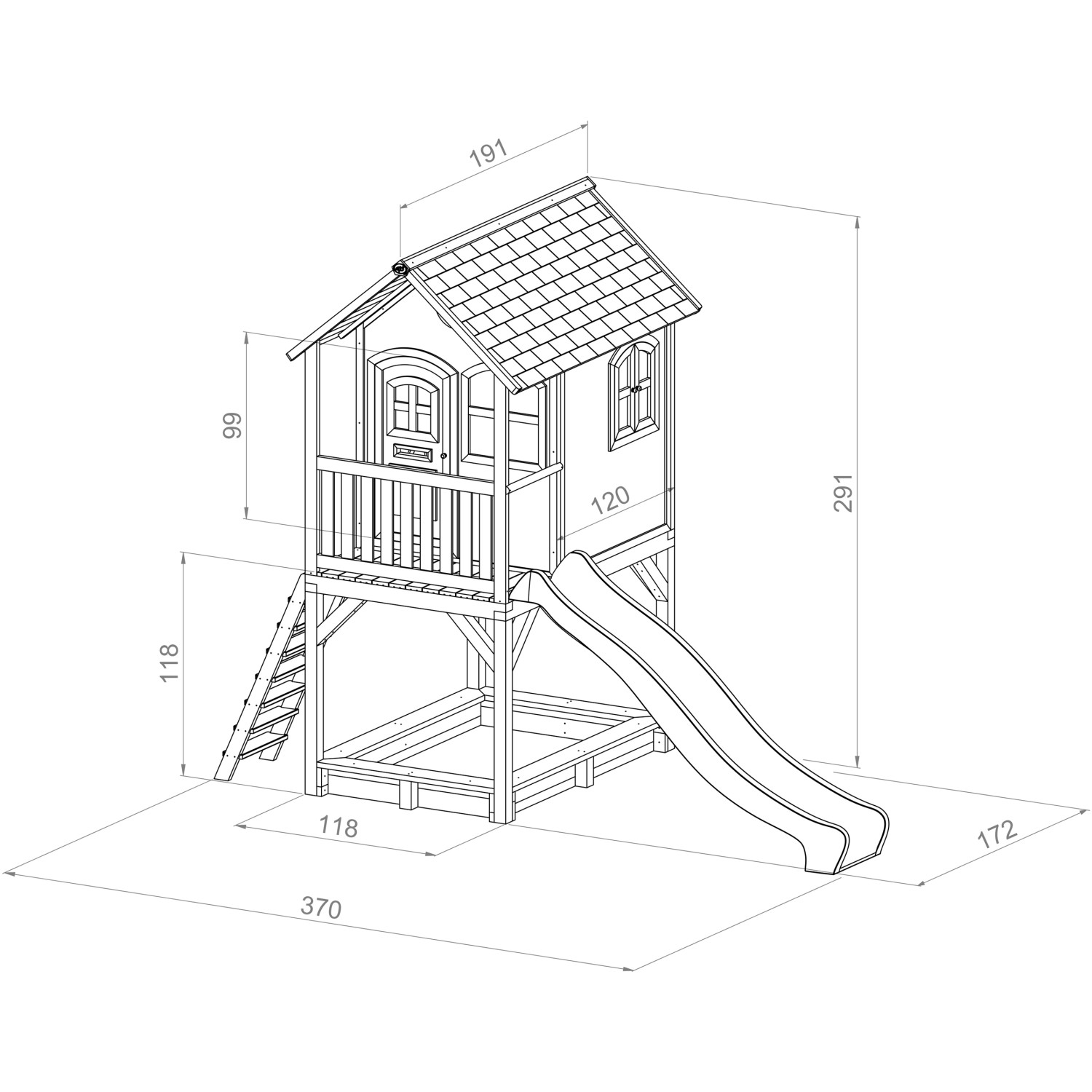 Technische Zeichnung: AXI Sarah Spielhaus mit Rutsche, Sandkasten, Leiter. Abmessungen sind eingezeichnet.