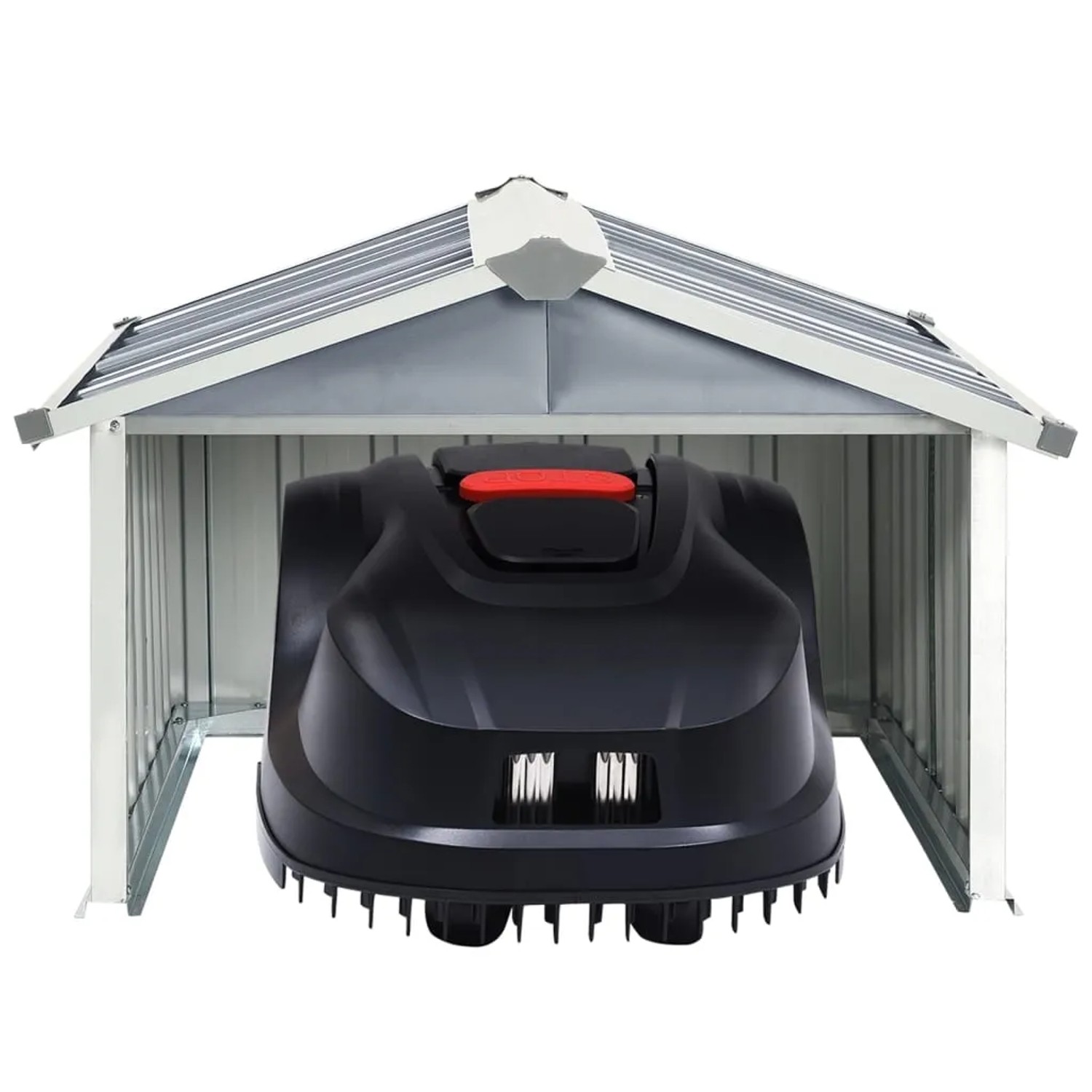 Graue vidaXL Rasenmäher Garage aus verzinktem Stahl mit Mähroboter. Schutz für Ihren Rasenmähroboter.