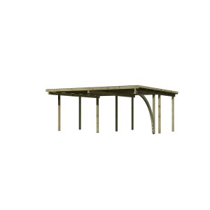 Karibu Doppelcarport Eco aus Holz mit PVC Dachplatten und stabilen Pfosten.