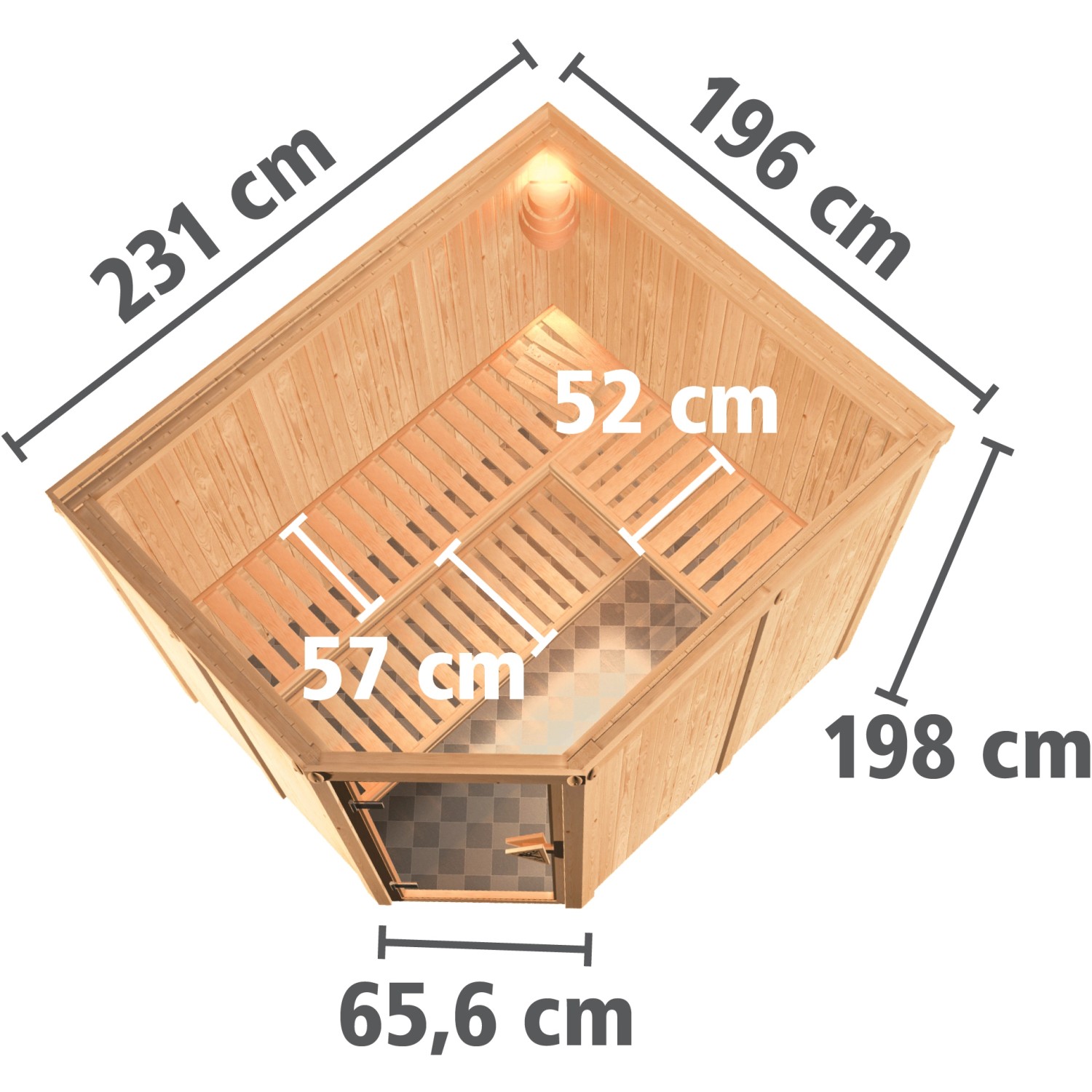 Karibu Sauna Natur, Aufsicht mit Maßen. Elementsauna mit Holzbänken und Glastür.
