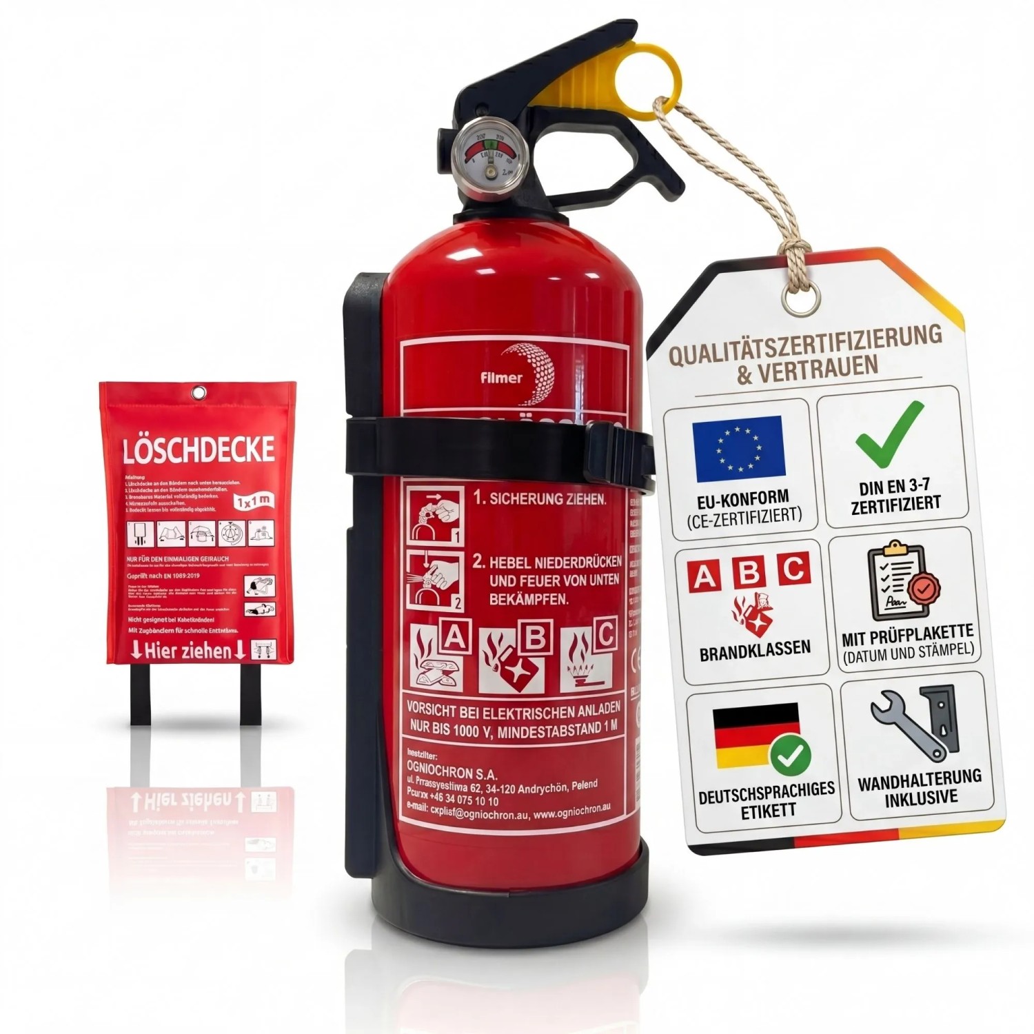 BigDean Pulverfeuerlöscher 1kg Plus Feuerlöschdecke Brandschutz Set