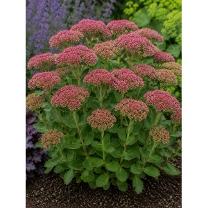 Detailaufnahme eines Sedum telephium aus dem Themenset Bodendecker & Schottergarten mit rosa Blütenständen.