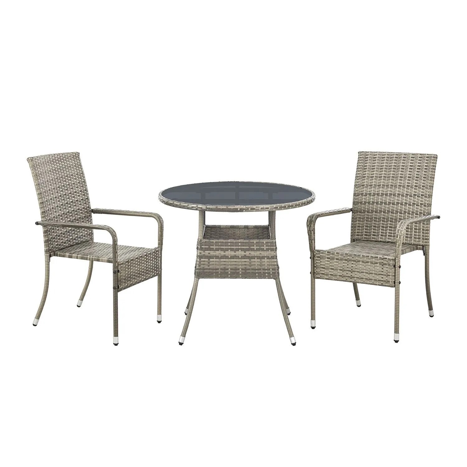 Grauer, runder Juskys Polyrattan Gartentisch Yoro (80 cm) mit zwei Stühlen.