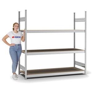 Verzinktes PROREGAL Weitspannregal mit 3 Spanplatten-Ebenen, Fachlast 350 kg, Höhe 200 cm.