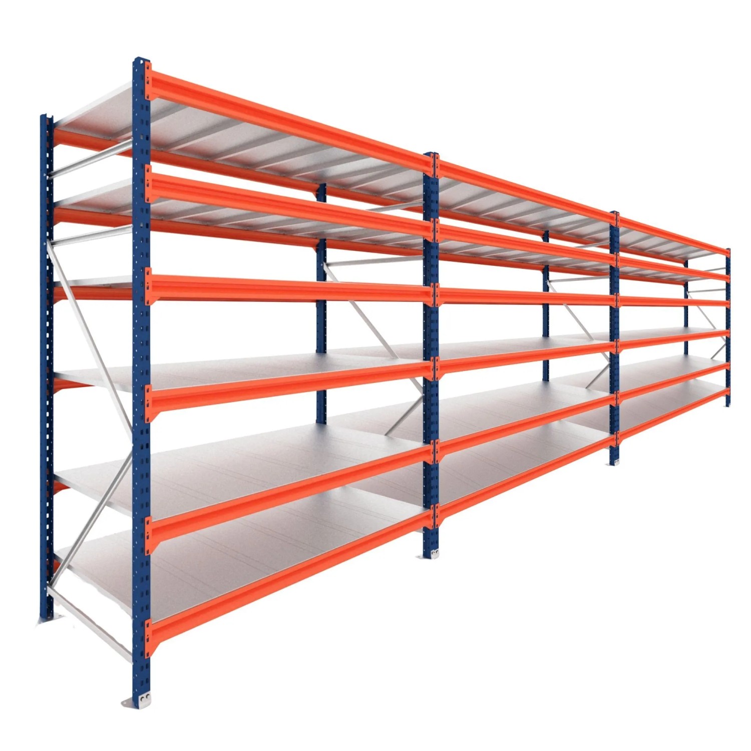 PROREGAL Weitspannregal Schwerlastregal DOMINUS Komplettregal 3 Felder 250x585x100cm 6 Ebenen Stahlplatten-Fachboden Fachlast 350 kg Blau/Orange