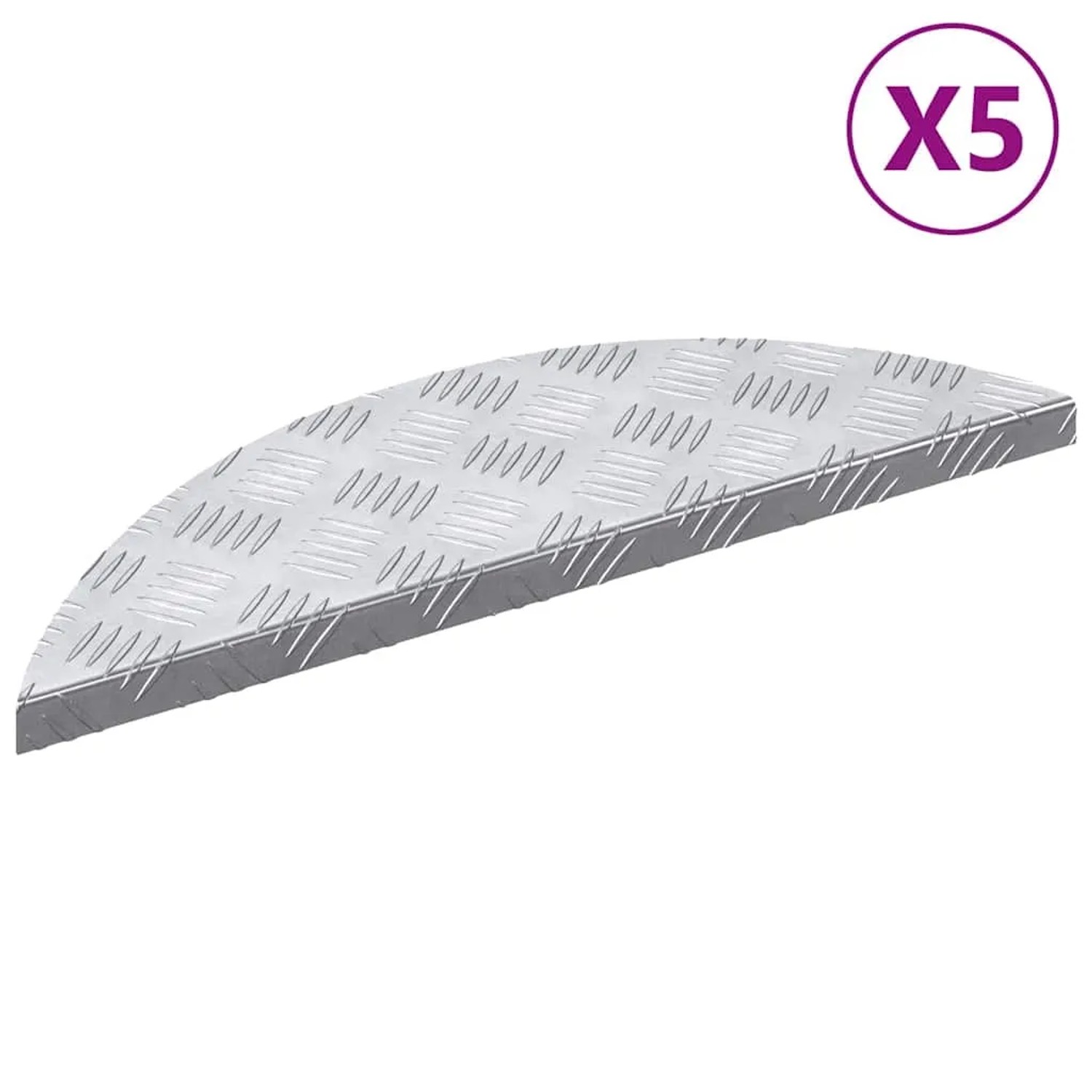 5 silberne, halbrunde Aluminium Stufenmatten mit Riffelblechmuster. Rutschfeste Rautenscheiben 60x18 cm.