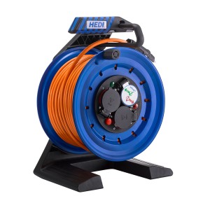 Blaue HEDI Kabeltrommel Generation 7 Companion mit 25 m orangenem Kabel.