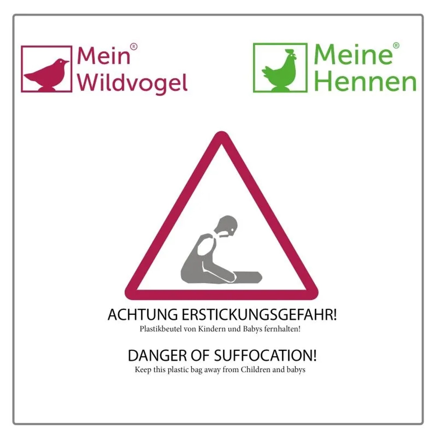 Warnhinweis auf MeinWildvogel Vogelfutter: Erstickungsgefahr durch Plastikbeutel. Von Kindern fernhalten!