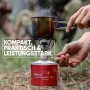 Evocamp Gaskartusche 500g mit Kochtopf auf Campingkocher in Nutzung.