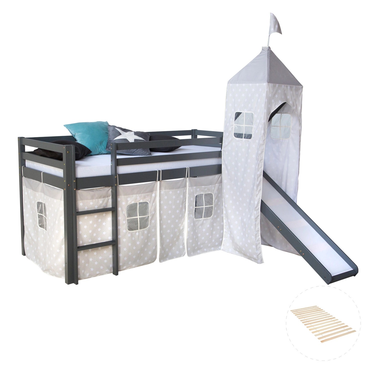 Homestyle4u Kinderhochbett 90x200 Grau mit Lattenrost Rutsche 2780 günstig online kaufen